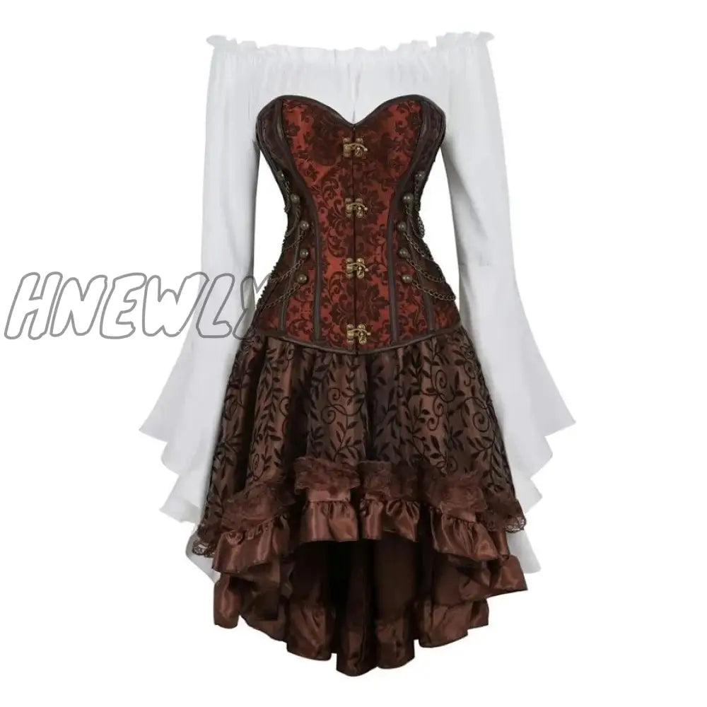 Hnewly Steampunk Corset Dress Gothic Pu Leather Crop Top Renaissance Blouse With Burlesque Skirt