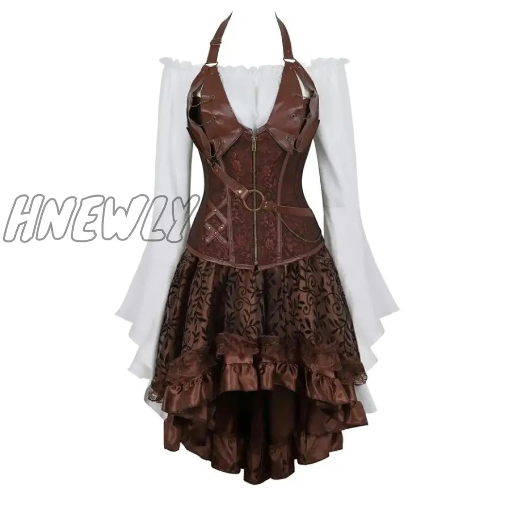 Hnewly Steampunk Corset Dress Gothic Pu Leather Crop Top Renaissance Blouse With Burlesque Skirt