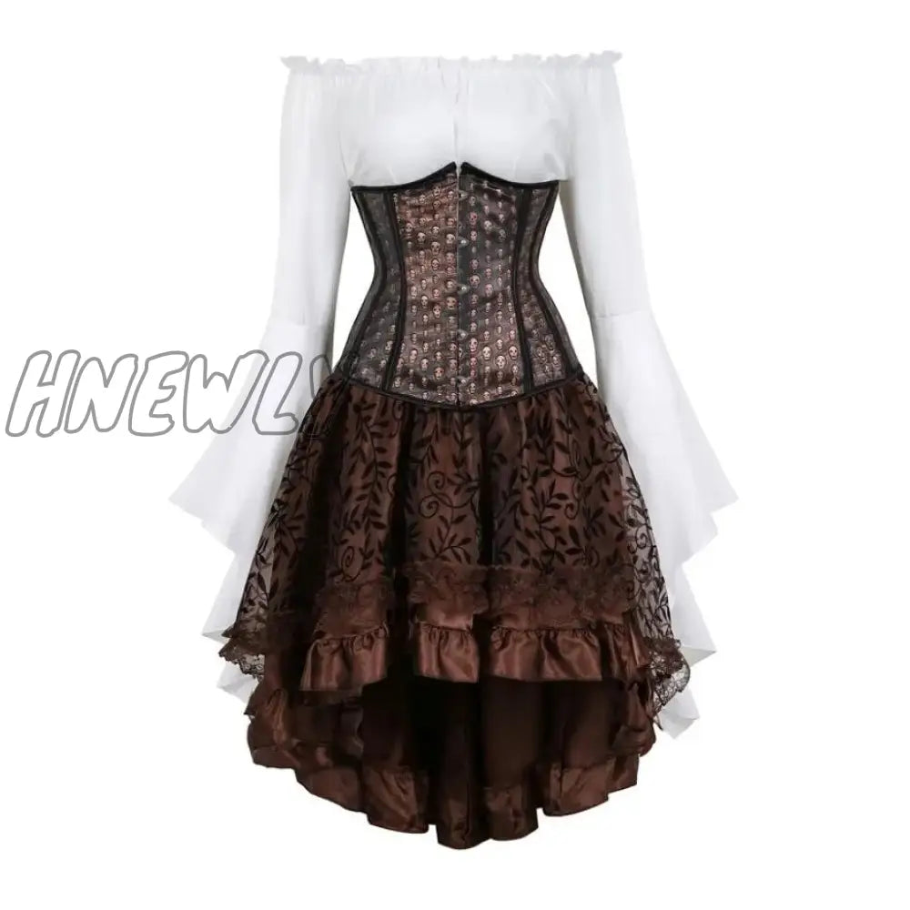 Hnewly Steampunk Corset Dress Gothic Pu Leather Crop Top Renaissance Blouse With Burlesque Skirt