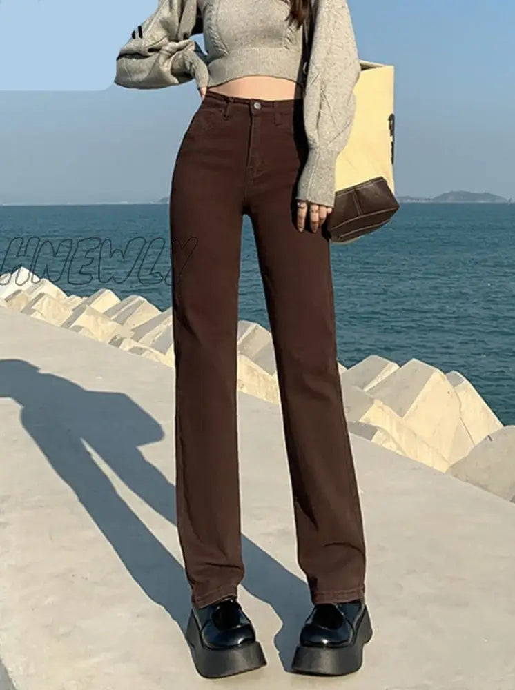 Hnewly Straight Jeans Woman High Waisted Stretch Cotton Denim Khaki Pants Vintage Streetwear Brown