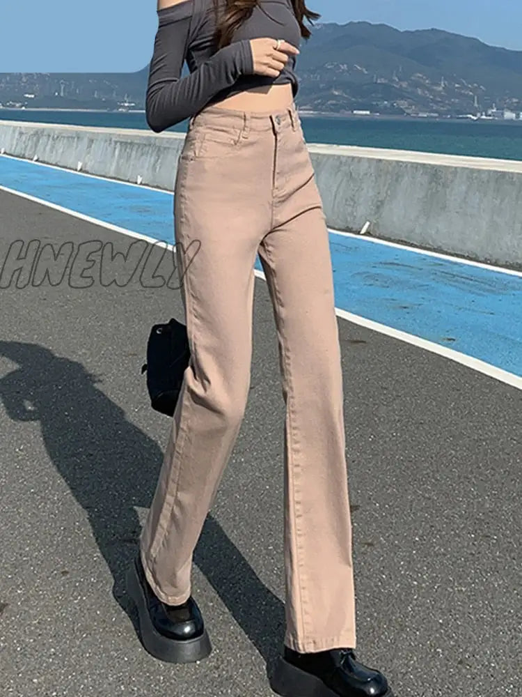 Hnewly Straight Jeans Woman High Waisted Stretch Cotton Denim Khaki Pants Vintage Streetwear Brown