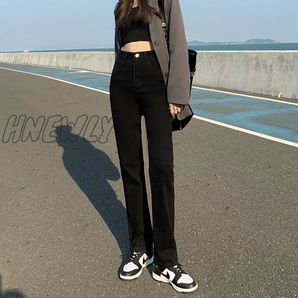 Hnewly Straight Jeans Woman High Waisted Stretch Cotton Denim Khaki Pants Vintage Streetwear Brown