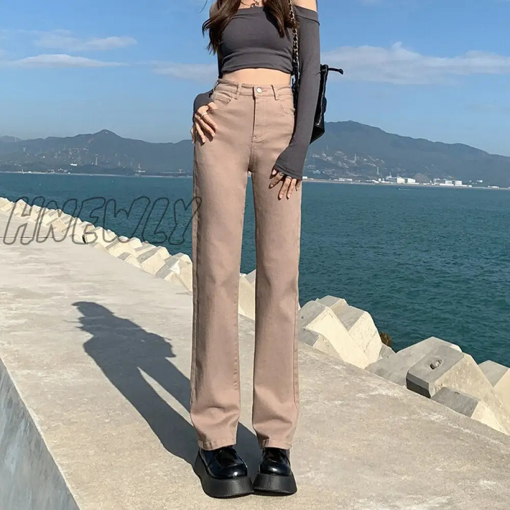 Hnewly Straight Jeans Woman High Waisted Stretch Cotton Denim Khaki Pants Vintage Streetwear Brown