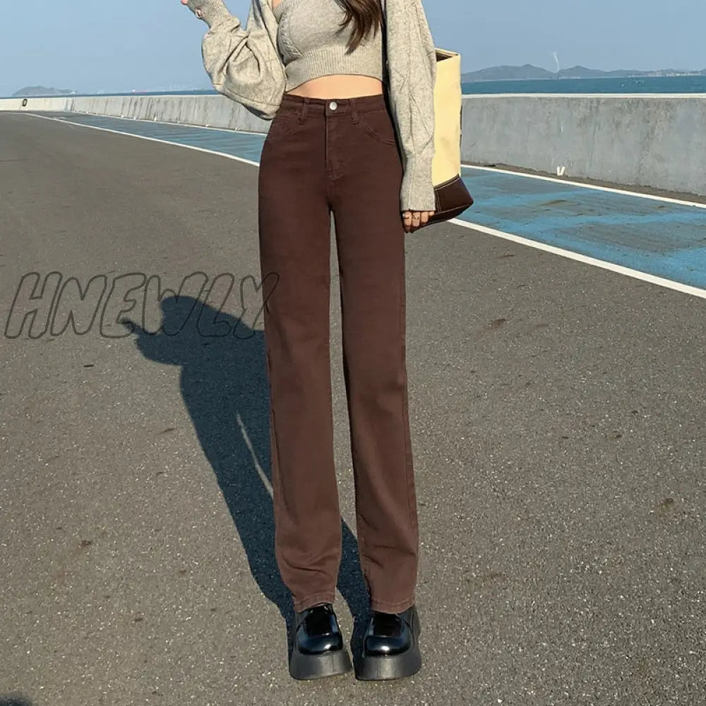 Hnewly Straight Jeans Woman High Waisted Stretch Cotton Denim Khaki Pants Vintage Streetwear Brown