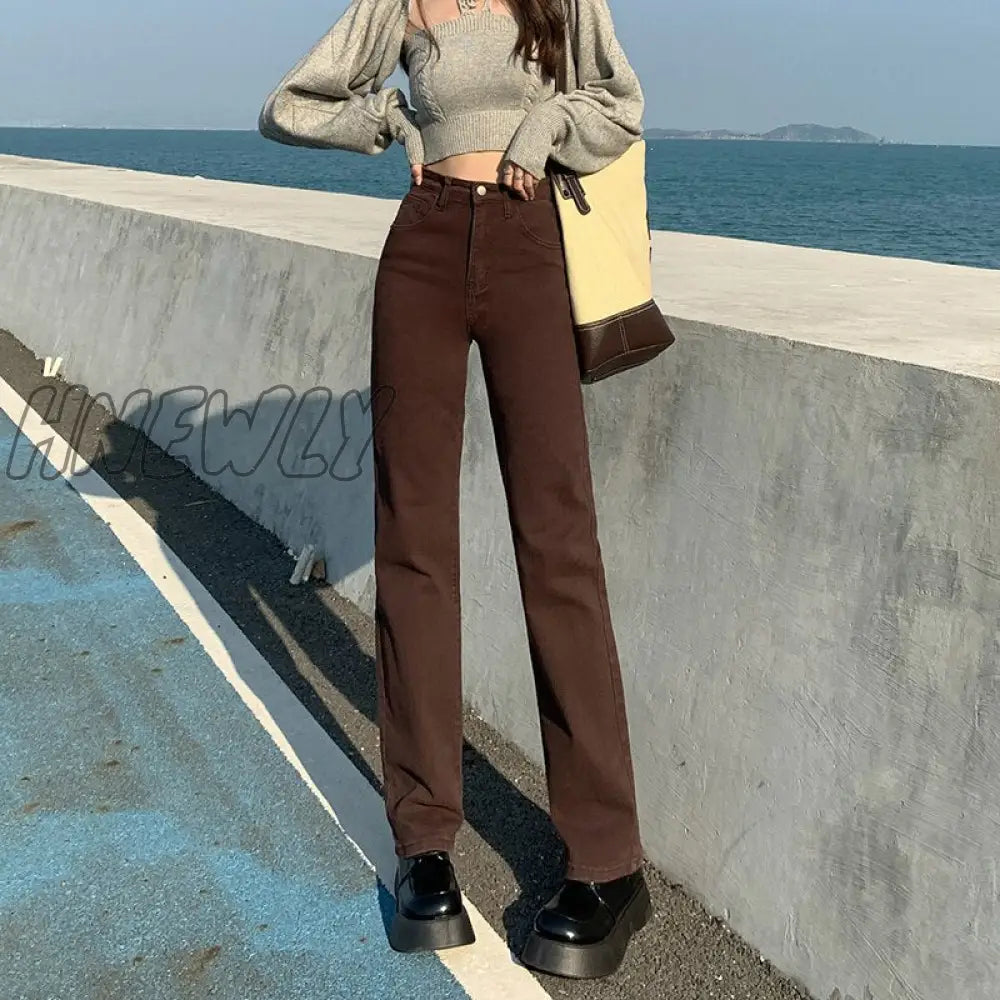 Hnewly Straight Jeans Woman High Waisted Stretch Cotton Denim Khaki Pants Vintage Streetwear Brown