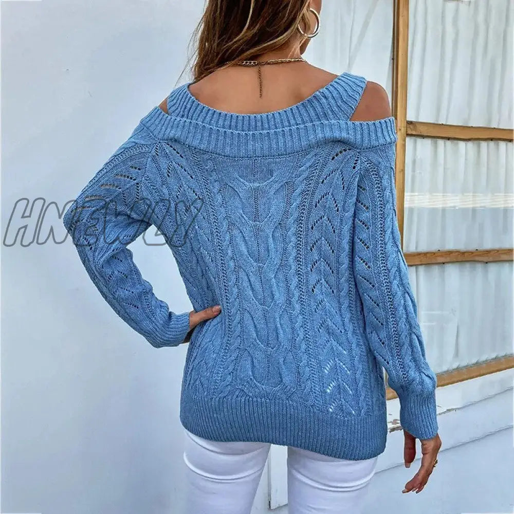 Hnewly Strap Knitted Sweaters Autumn Spring V Neck Off The Shoulder Long Sleeve Loose Pullover Tops