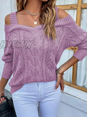 Hnewly Strap Knitted Sweaters Autumn Spring V Neck Off The Shoulder Long Sleeve Loose Pullover Tops