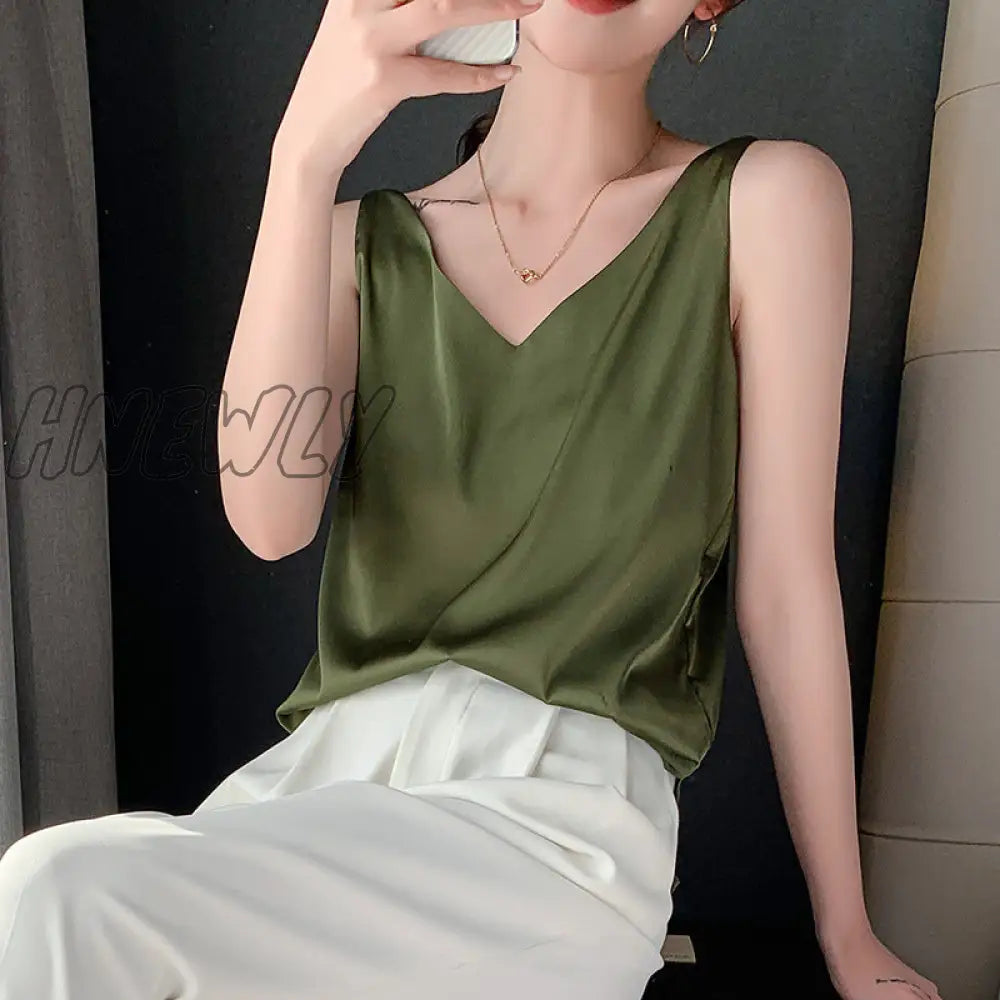 Hnewly Strap Top Women Halter V Neck Basic White Cami Sleeveless Satin Silk Tank Tops Women’s