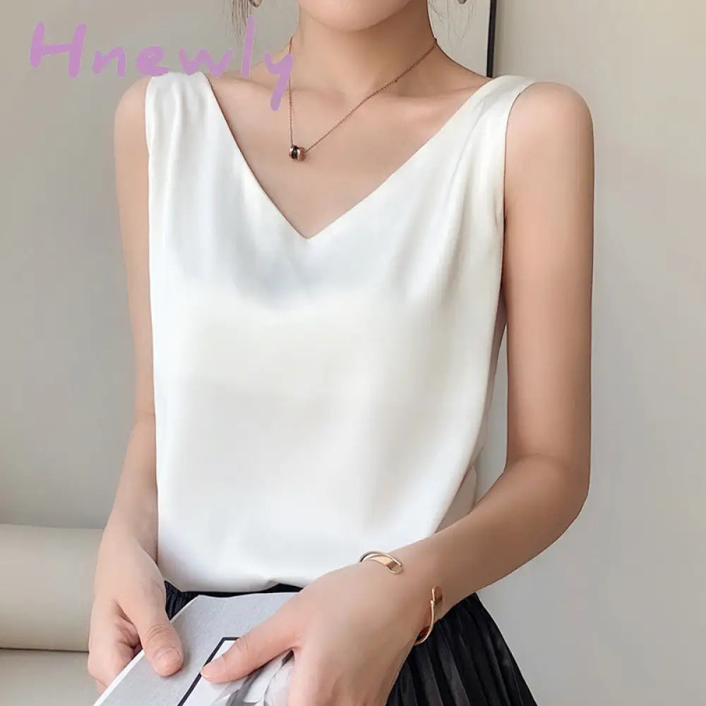 Hnewly Strap Top Women Halter V Neck Basic White Cami Sleeveless Satin Silk Tank Tops Women’s