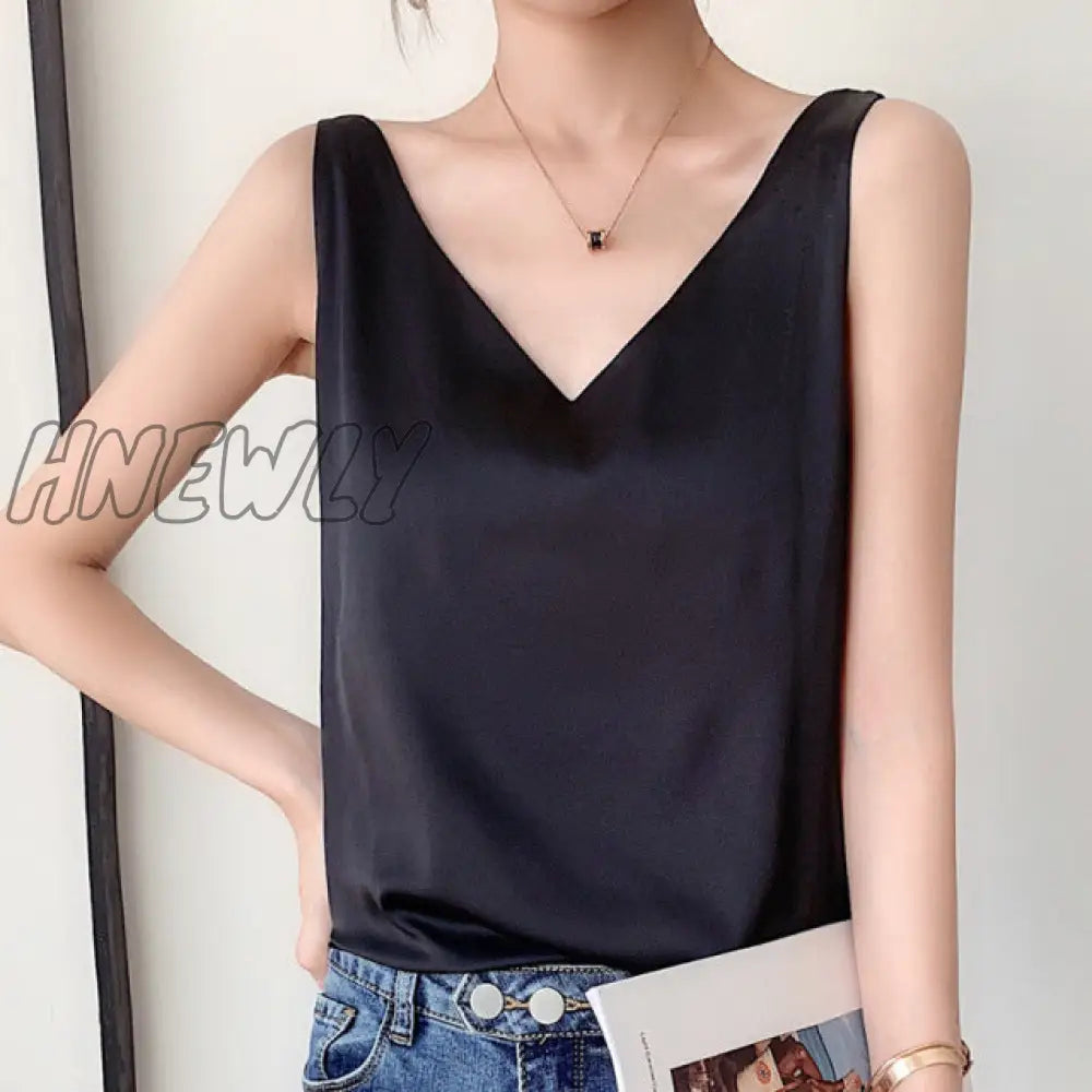 Hnewly Strap Top Women Halter V Neck Basic White Cami Sleeveless Satin Silk Tank Tops Women’s