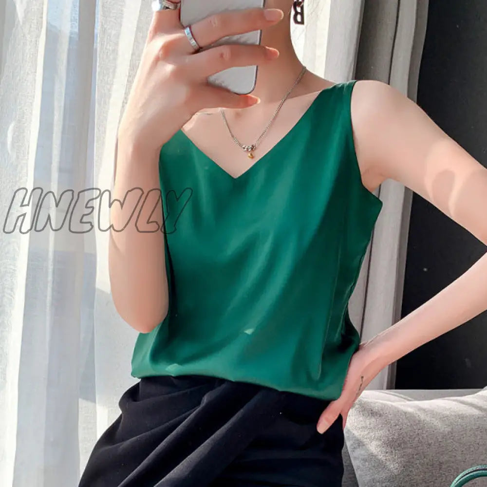 Hnewly Strap Top Women Halter V Neck Basic White Cami Sleeveless Satin Silk Tank Tops Women’s