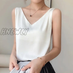 Hnewly Strap Top Women Halter V Neck Basic White Cami Sleeveless Satin Silk Tank Tops Women’s