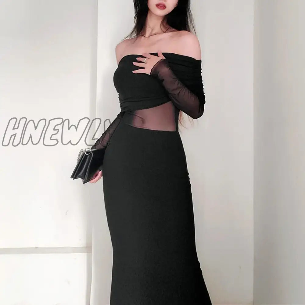 Hnewly Strapless Black Sexy Women’s Dress Lace Patchwork Long Sleeves Bodycon Autumn Dresses