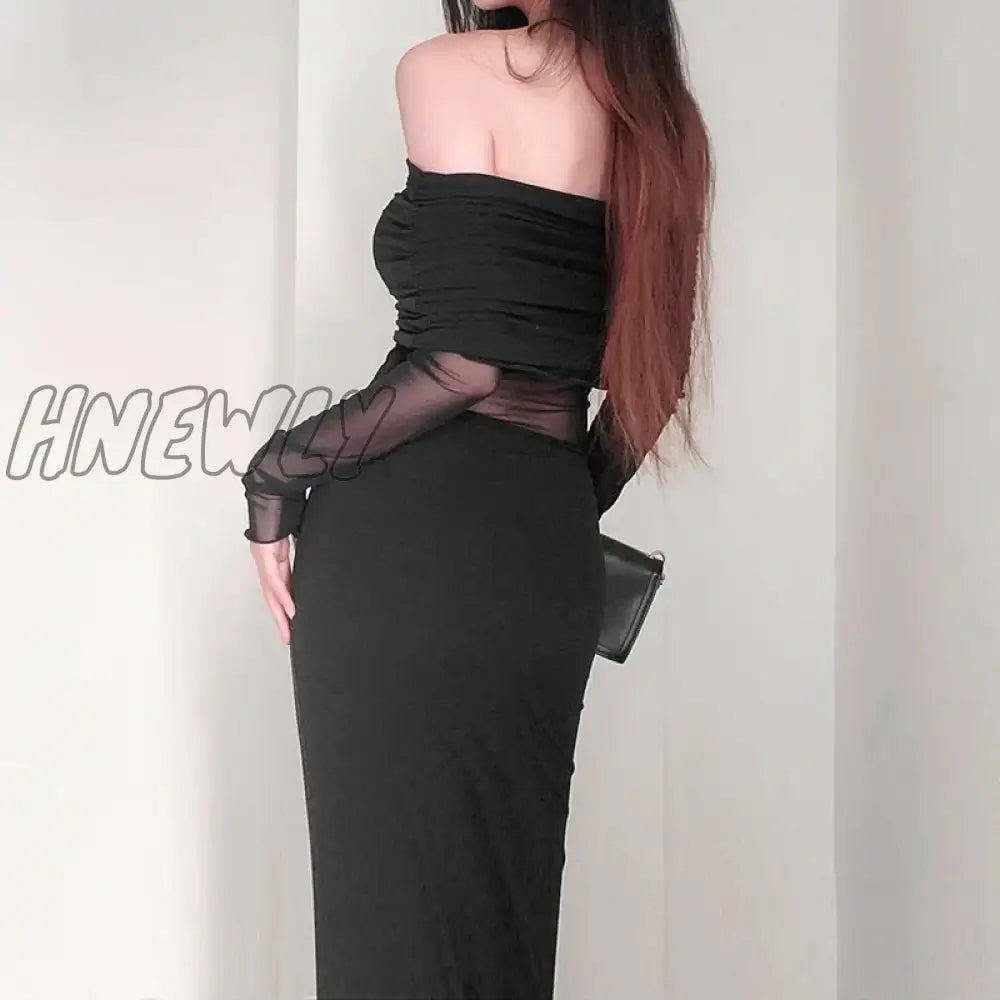 Hnewly Strapless Black Sexy Women’s Dress Lace Patchwork Long Sleeves Bodycon Autumn Dresses