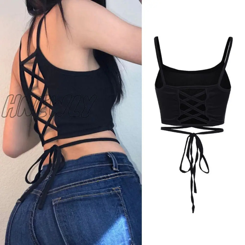 Hnewly Straps Solid Crop Top Tshirt Summer Sexy Hollow Out Vest Women Streetwear Y2K Party Club