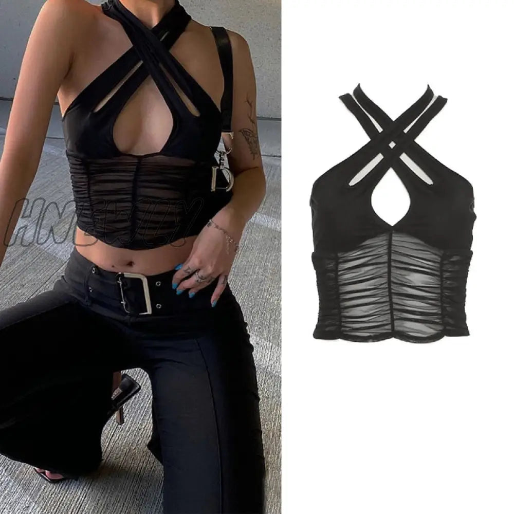 Hnewly Straps Solid Crop Top Tshirt Summer Sexy Hollow Out Vest Women Streetwear Y2K Party Club