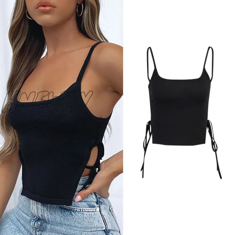 Hnewly Straps Solid Crop Top Tshirt Summer Sexy Hollow Out Vest Women Streetwear Y2K Party Club