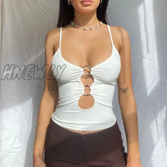 Hnewly Straps Solid Crop Top Tshirt Summer Sexy Hollow Out Vest Women Streetwear Y2K Party Club