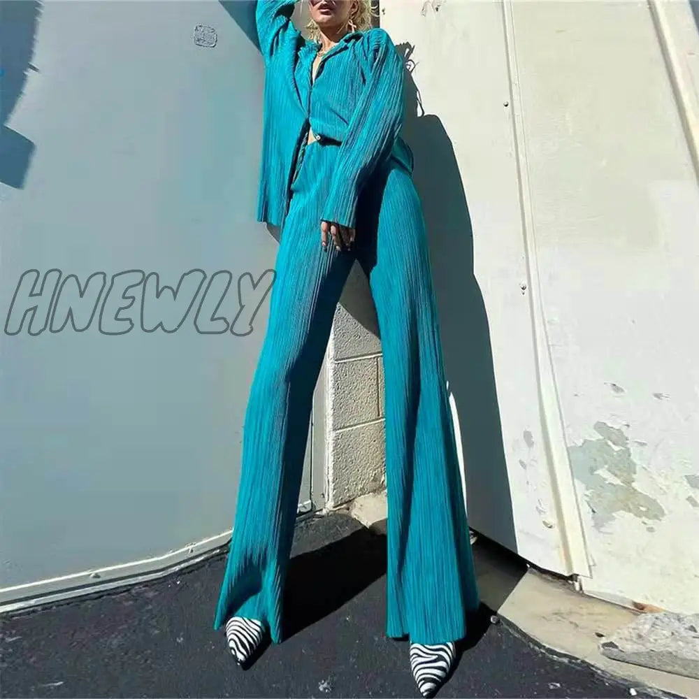 Hnewly Street Women’s Set Long Sleeve Shirt Tops And Wide Leg Pants Elegant Tracksuit Two Piece