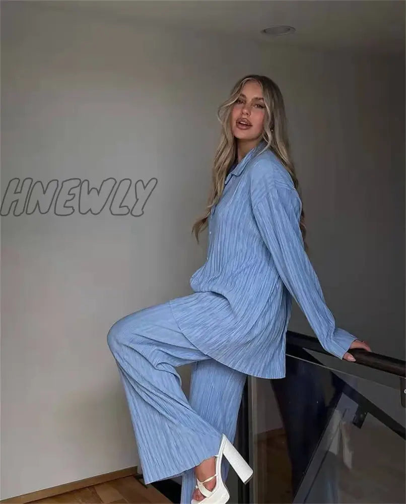 Hnewly Street Women’s Set Long Sleeve Shirt Tops And Wide Leg Pants Elegant Tracksuit Two Piece