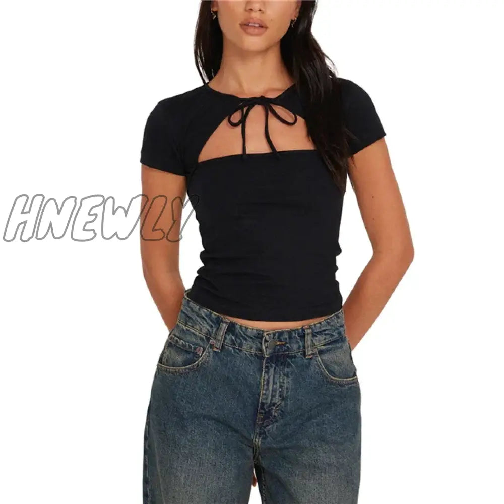 Hnewly Streetwear Fashion Crop Tops 2000S Women Basic Hollow Out Short Sleeve Tie-Up T Shirt Casual