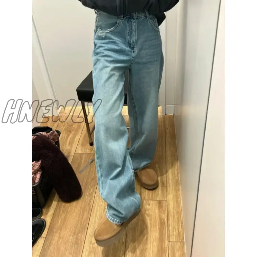 Hnewly Streetwear Female Trousers Wide Leg Jeans For Women Blue High Waisted Women’s Denim Pants