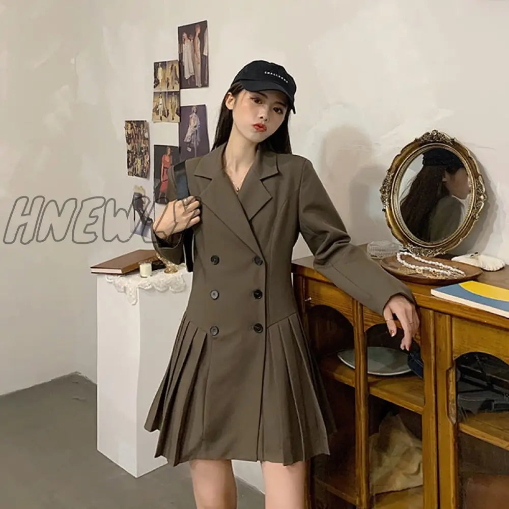 Hnewly Suit Black Dress Women Button New Style Korean Thin Waist Hepburn Mini Dresses Solid Notched