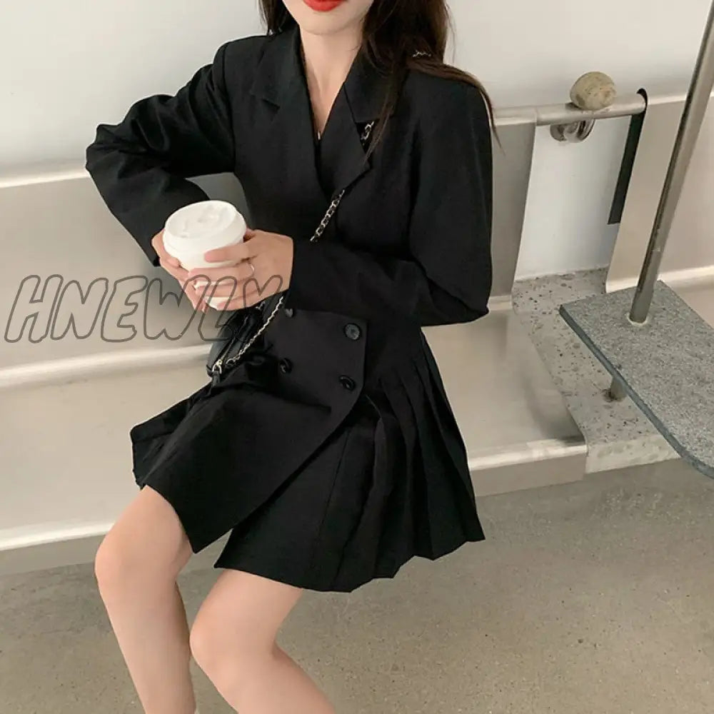 Hnewly Suit Black Dress Women Button New Style Korean Thin Waist Hepburn Mini Dresses Solid Notched