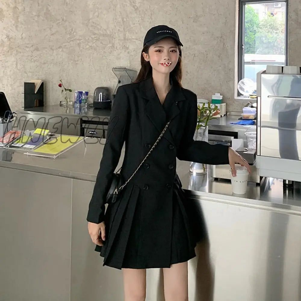 Hnewly Suit Black Dress Women Button New Style Korean Thin Waist Hepburn Mini Dresses Solid Notched