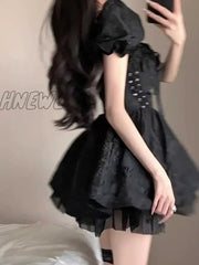 Hnewly Summer Black Gothic Mini Dress Women Short Sleeve Even Party Female Casual Bodycon Lace