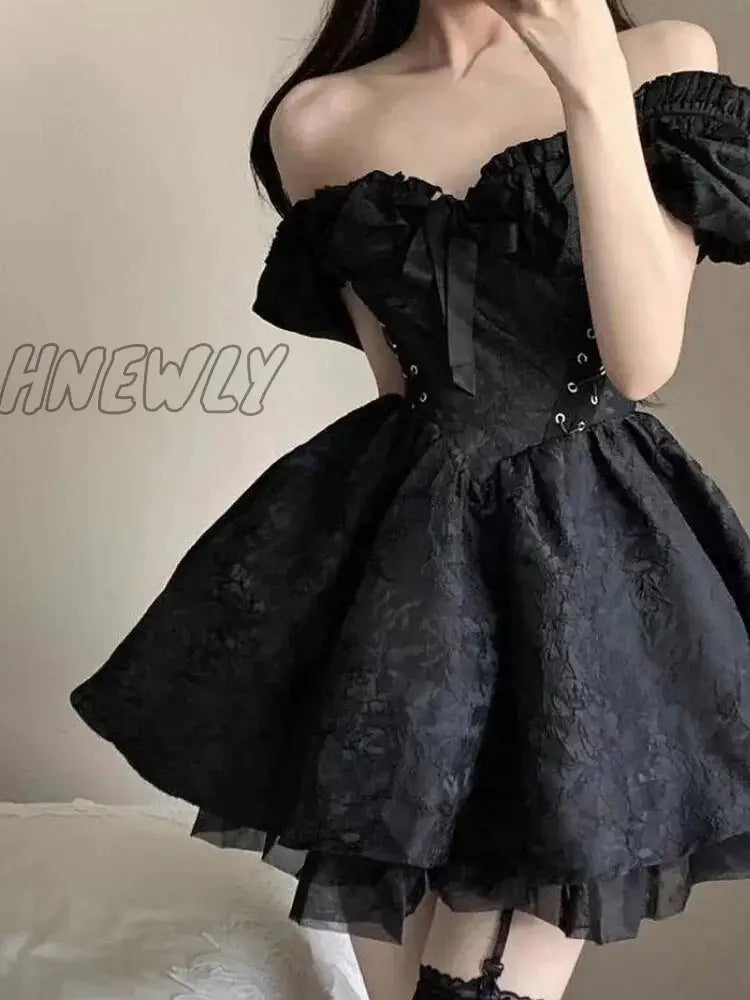 Hnewly Summer Black Gothic Mini Dress Women Short Sleeve Even Party Female Casual Bodycon Lace