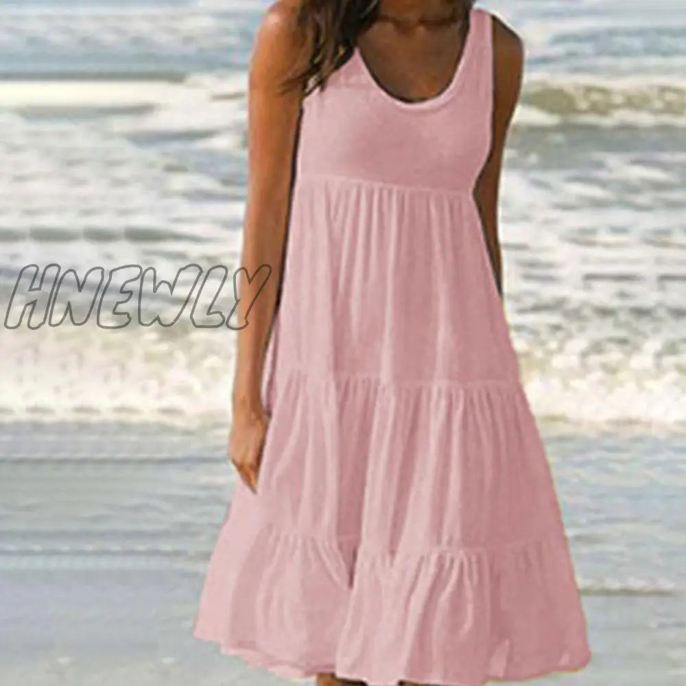 Hnewly Summer Casual Sweet Spaghetti Strap White Dress New Ladies V Neck Knee Length Big Swing