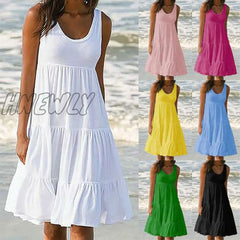Hnewly Summer Casual Sweet Spaghetti Strap White Dress New Ladies V Neck Knee Length Big Swing