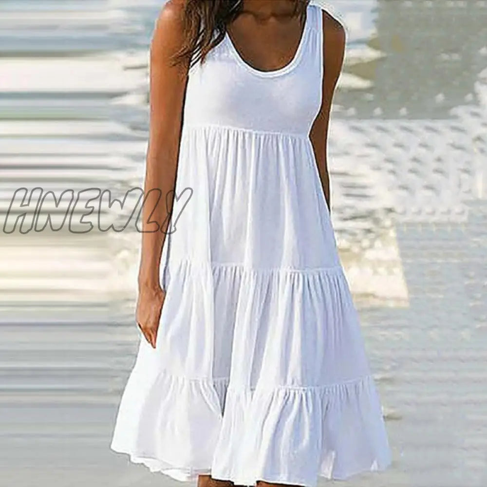 Hnewly Summer Casual Sweet Spaghetti Strap White Dress New Ladies V Neck Knee Length Big Swing