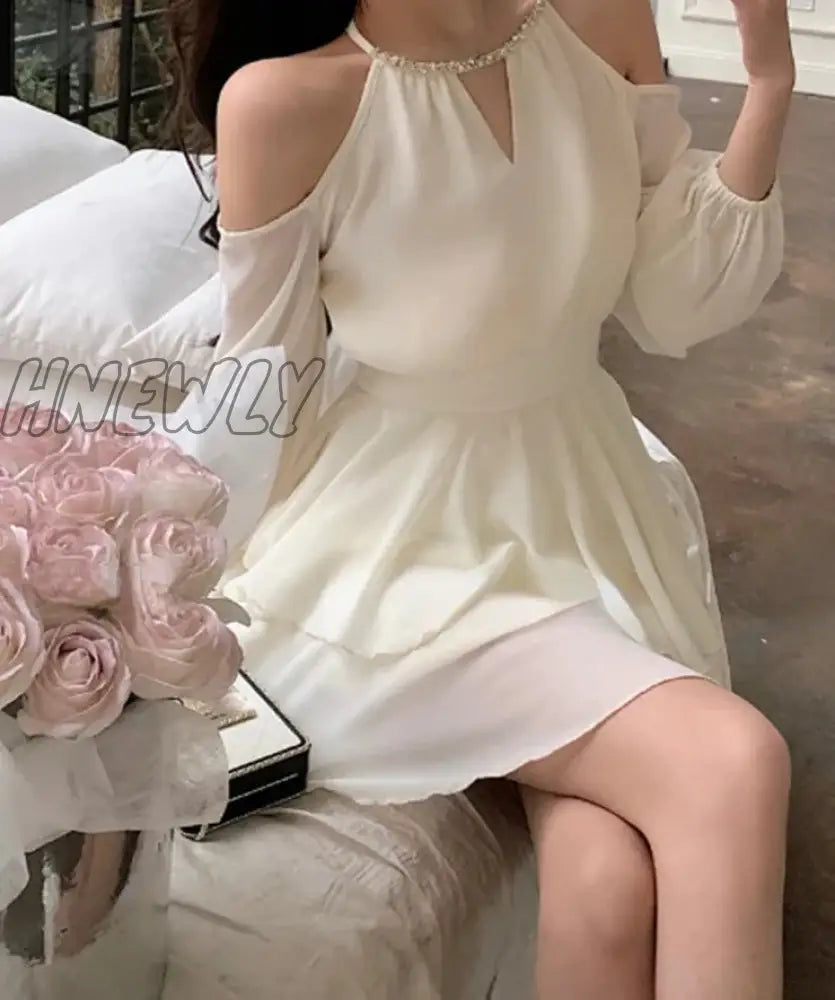 Hnewly Summer Elegant Chiffon Mini Dress Women Long Sleeve Even Party Dresses Office Lady One Piece