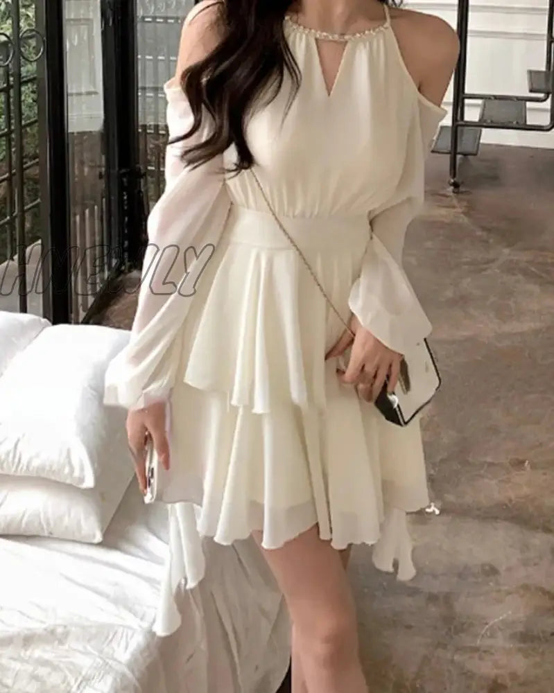 Hnewly Summer Elegant Chiffon Mini Dress Women Long Sleeve Even Party Dresses Office Lady One Piece