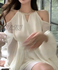 Hnewly Summer Elegant Chiffon Mini Dress Women Long Sleeve Even Party Dresses Office Lady One Piece