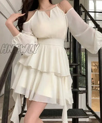 Hnewly Summer Elegant Chiffon Mini Dress Women Long Sleeve Even Party Dresses Office Lady Chiffon One Piece Dress Korean Fashion