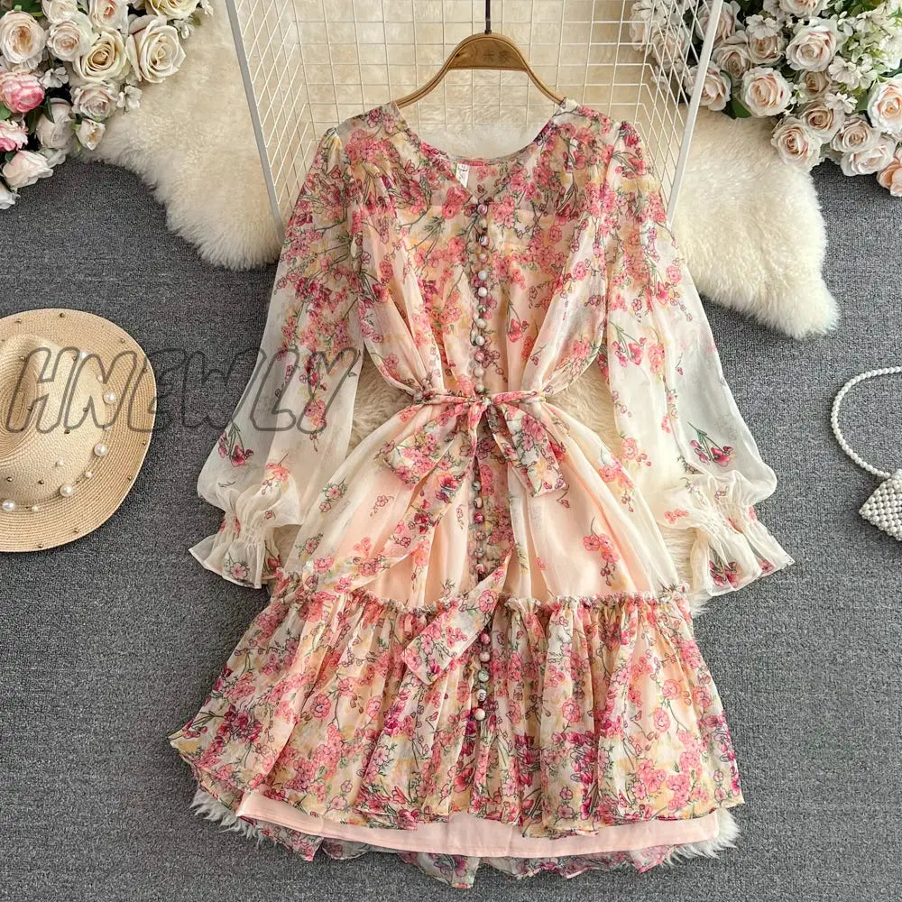 Hnewly Summer Elegant Midi Dress For Women Thin Chiffon Bohemian Printed Lace Up Female Long Sleeve