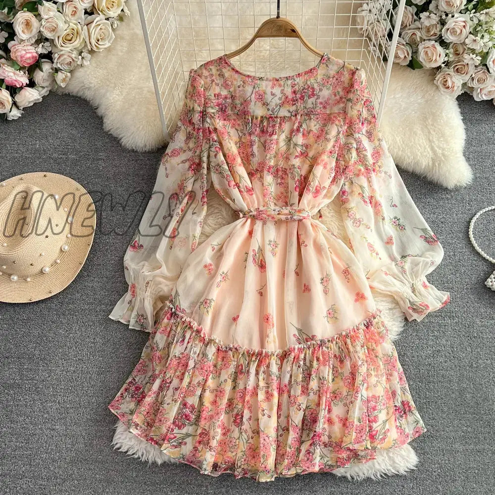 Hnewly Summer Elegant Midi Dress For Women Thin Chiffon Bohemian Printed Lace Up Female Long Sleeve