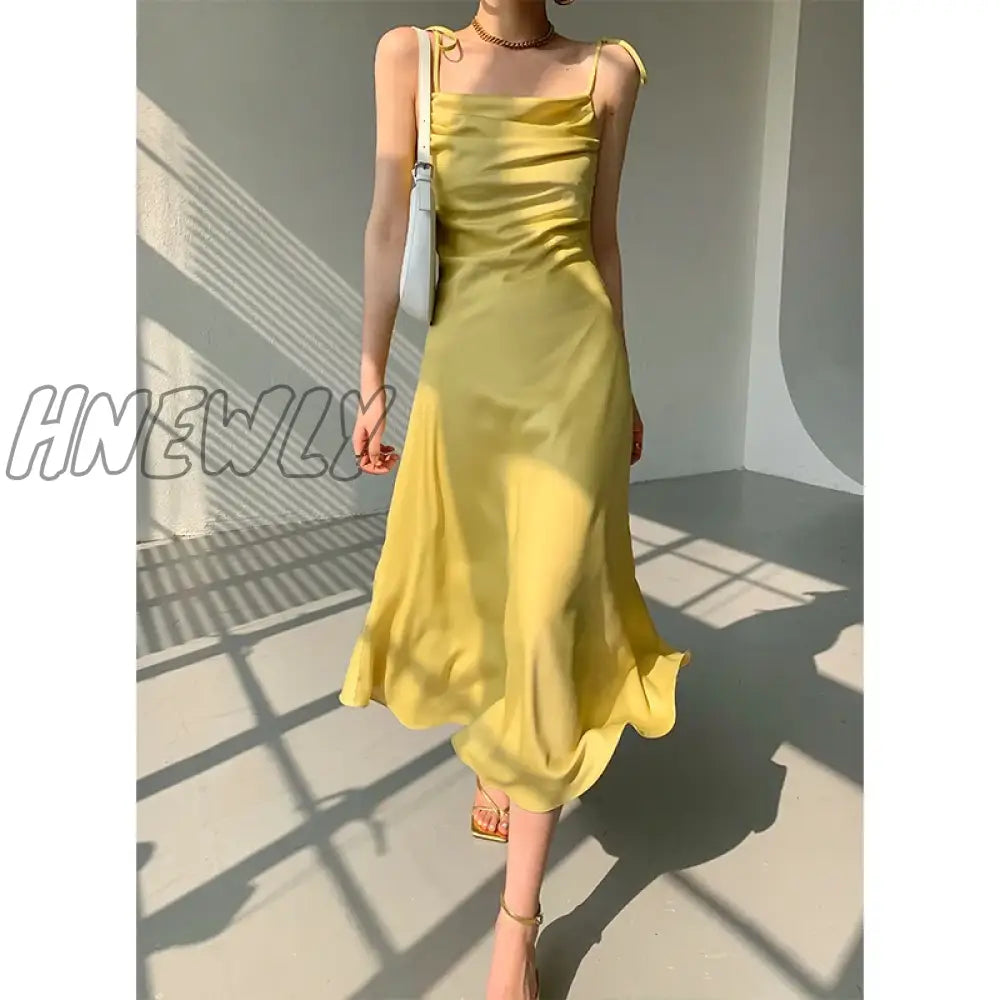 Hnewly Summer Elegant Satin Spaghetti Strap Dress Yellow Draped V Neck Birthday Party Dresses Sexy