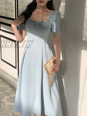 Summer Elegant Vintage Fairy Dress Women Bow Pink Sweet Party Midi Dress Casual Retro Korean Dress Female Puff Sleeve Slim