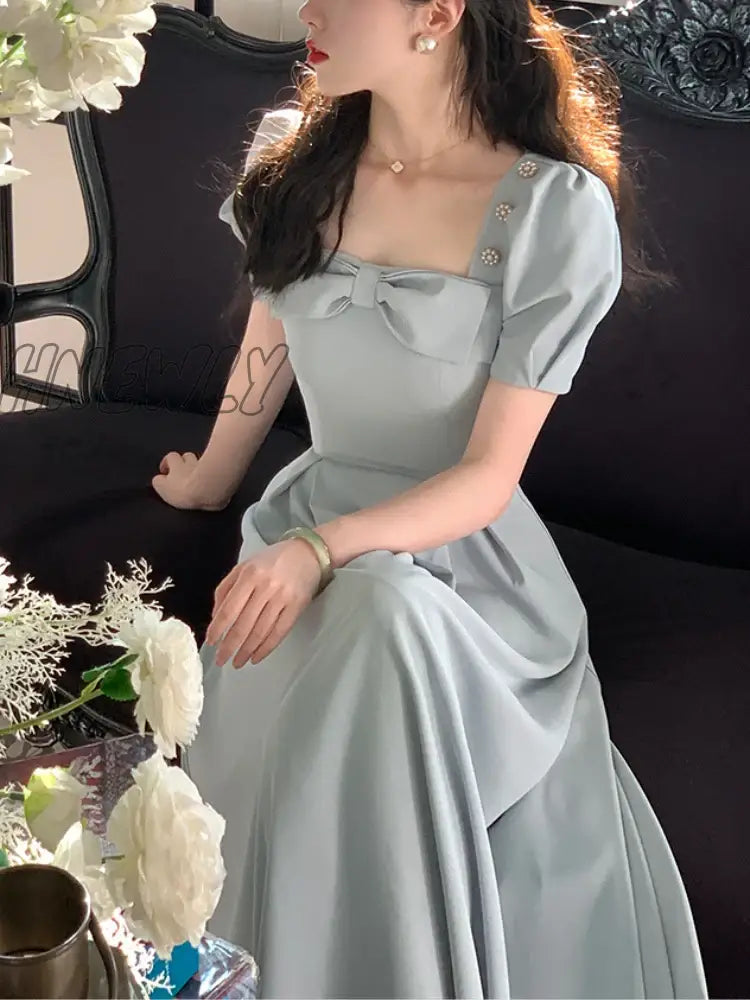 2023 Summer Elegant Vintage Fairy Dress Women Bow Pink Sweet Party Midi Casual Retro Korean Female