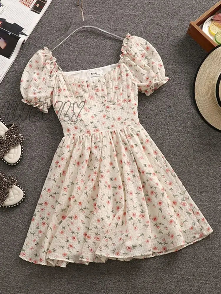 Hnewly Summer Fashion Sweet Cute Bubble Sleeve Slim Waist Sexy Party Dresses For Women Flower Print