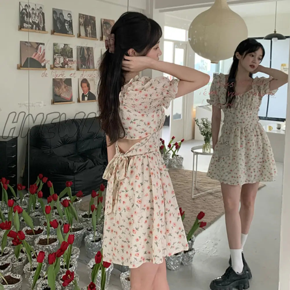 Hnewly Summer Fashion Sweet Cute Bubble Sleeve Slim Waist Sexy Party Dresses For Women Flower Print