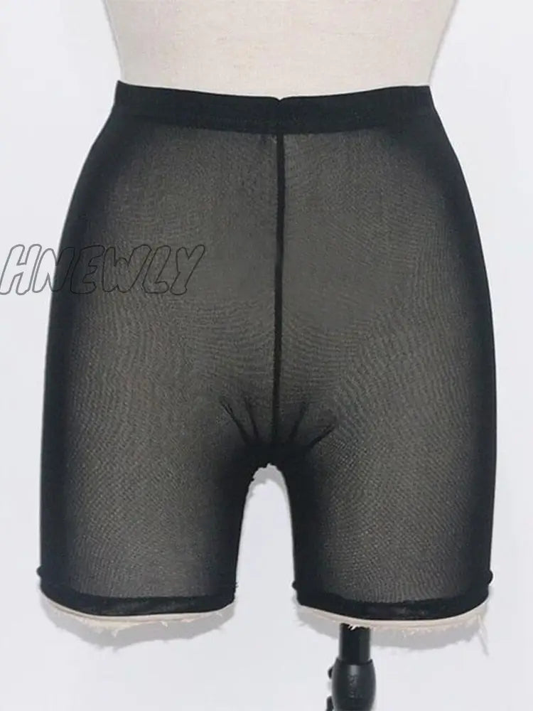 Hnewly Summer Fashion Yellow Mesh Transaparent Sexy Women Casual Shorts Ladies High Waist Black / S