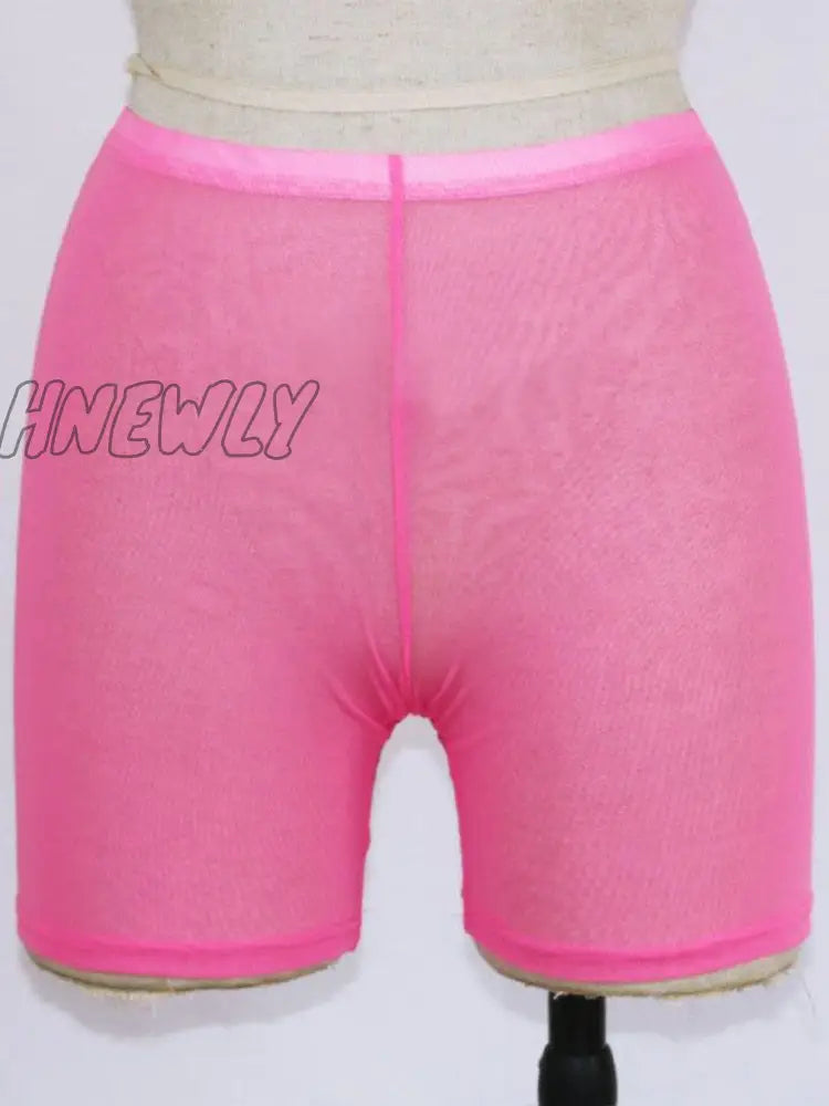 Hnewly Summer Fashion Yellow Mesh Transaparent Sexy Women Casual Shorts Ladies High Waist Pink / S