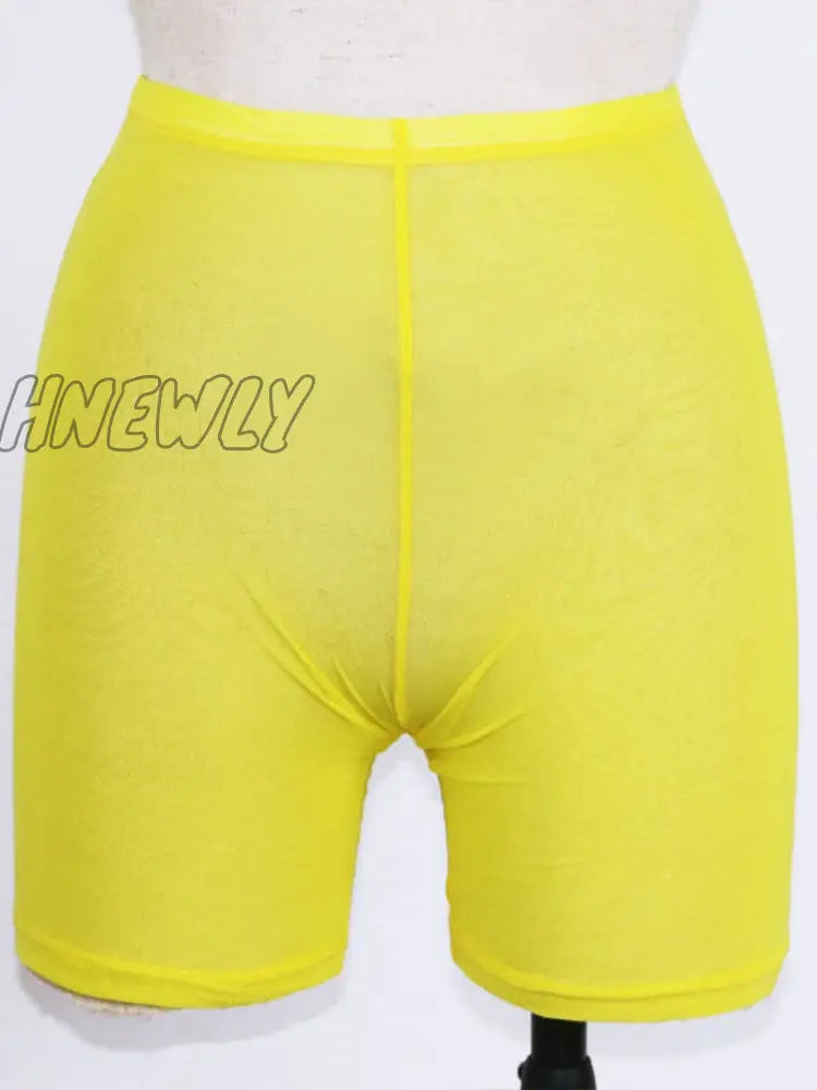 Hnewly Summer Fashion Yellow Mesh Transaparent Sexy Women Casual Shorts Ladies High Waist Yellow / S