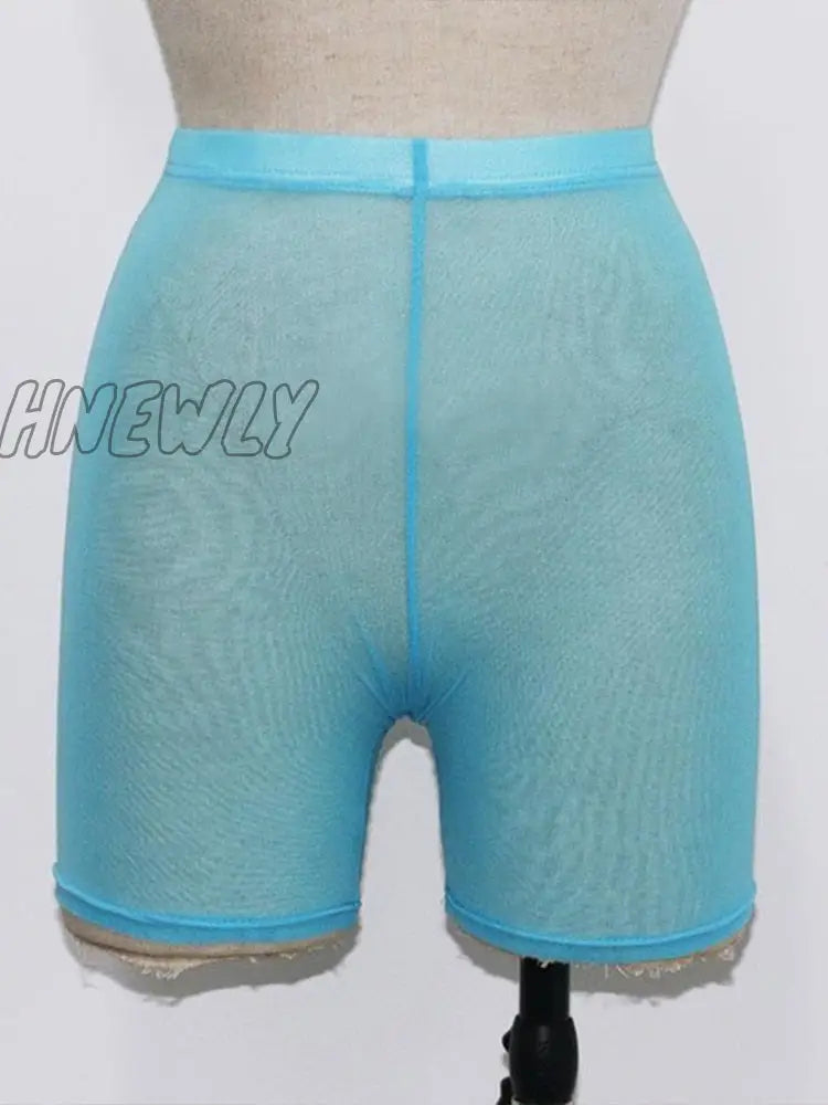 Hnewly Summer Fashion Yellow Mesh Transaparent Sexy Women Casual Shorts Ladies High Waist Sky Blue