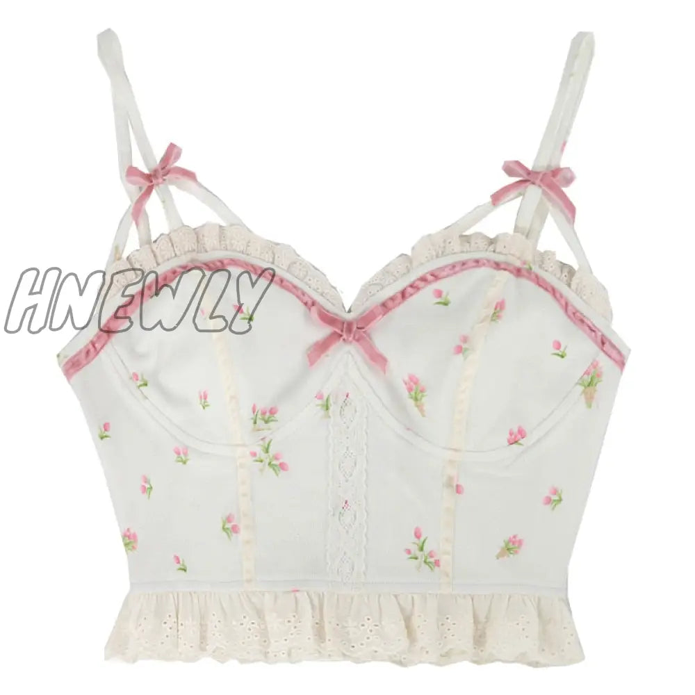 Hnewly Summer Floral Kawaii Halter Tops Women White Backless Sexy Beach Sweet Cute Tanks Lace Print